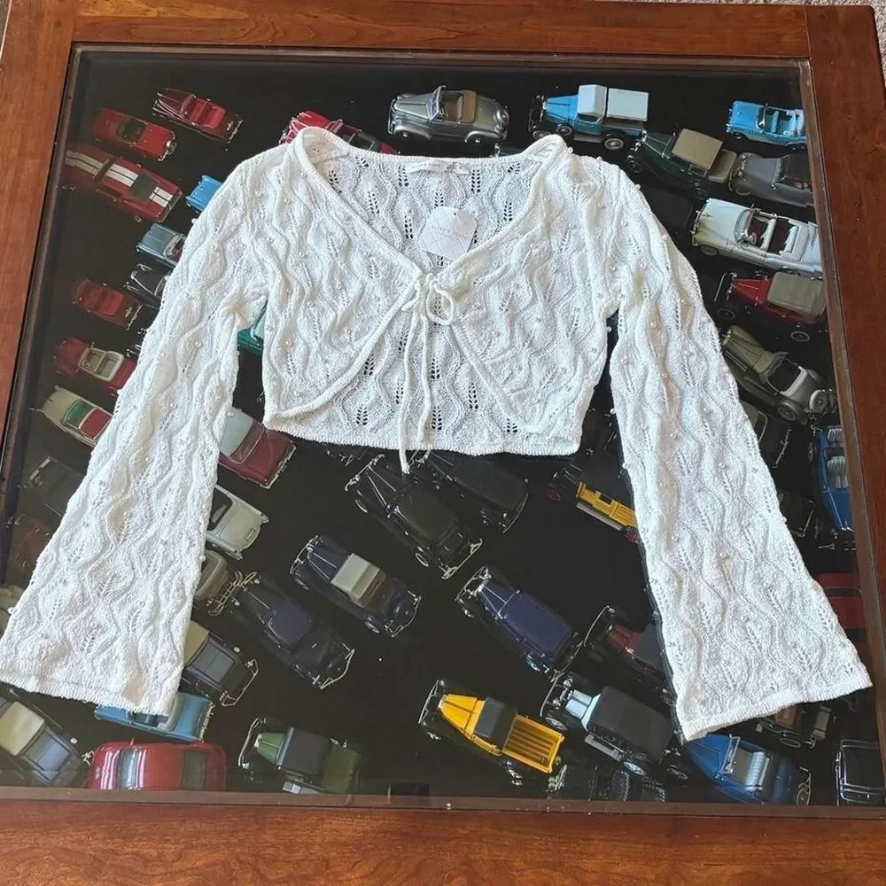 Altard State Brand New with Tags White Crop Cardigan Pearls Lace Bell Sleeve - Picture 5 of 8